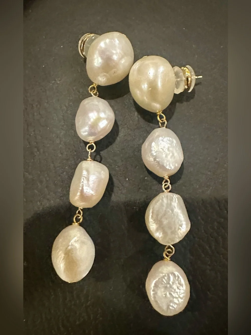 New Long Large 10K Gold Earrings Long dangly natural pearl solid gold earrings